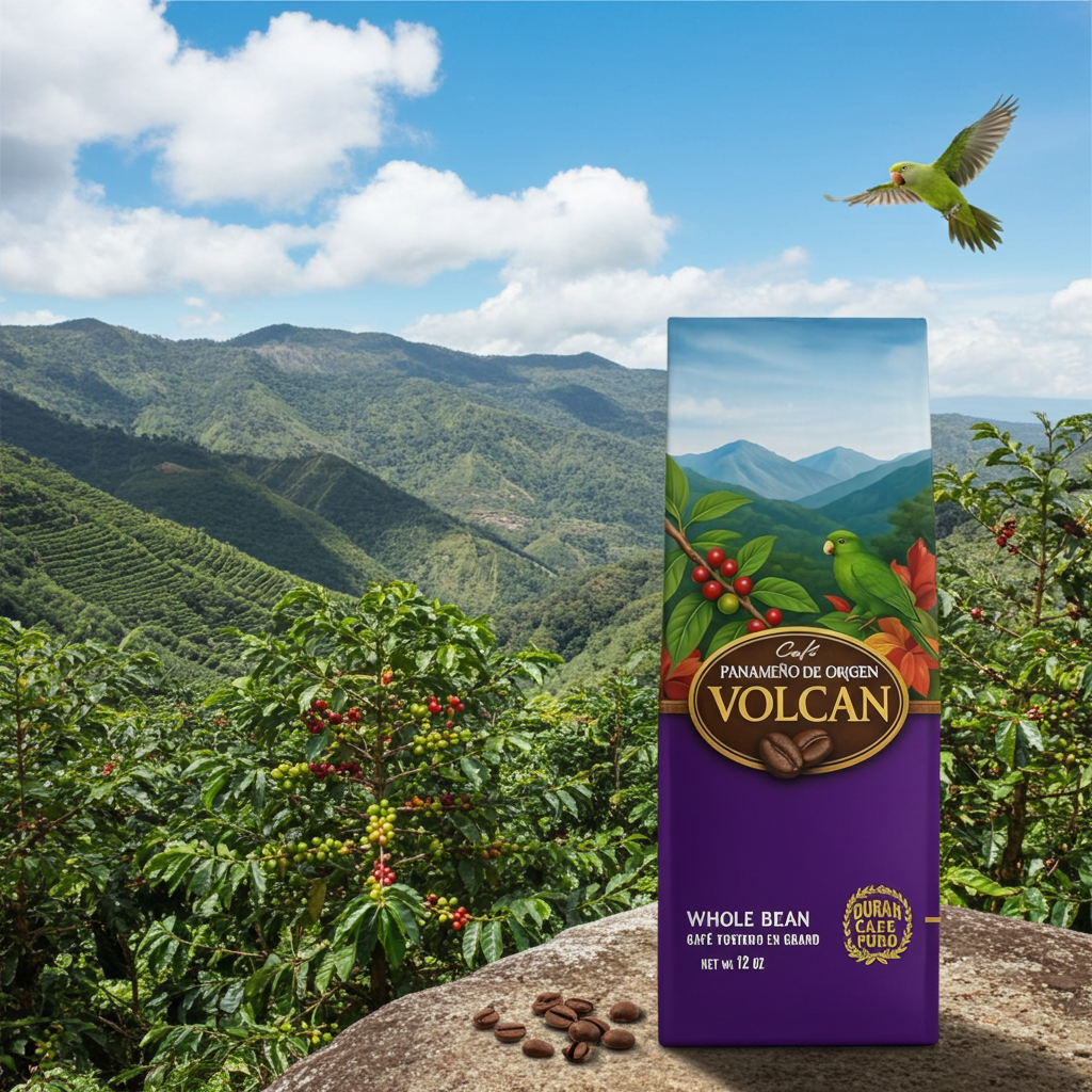 Café Volcán coffee package with a scenic background of mountains and coffee plants.